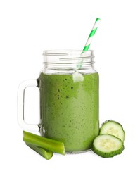 Photo of Mason jar of healthy detox smoothie and ingredients on white background