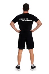 Personal trainer on white background, back view. Gym instructor