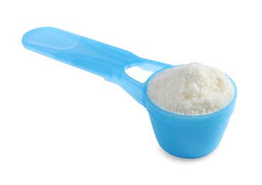 Scoop of powdered infant formula isolated on white. Baby milk