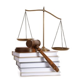 Wooden gavel, books and scales of justice on white background