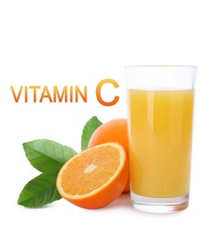 Source of Vitamin C. Glass of orange juice, fresh fruits and green leaves on white background
