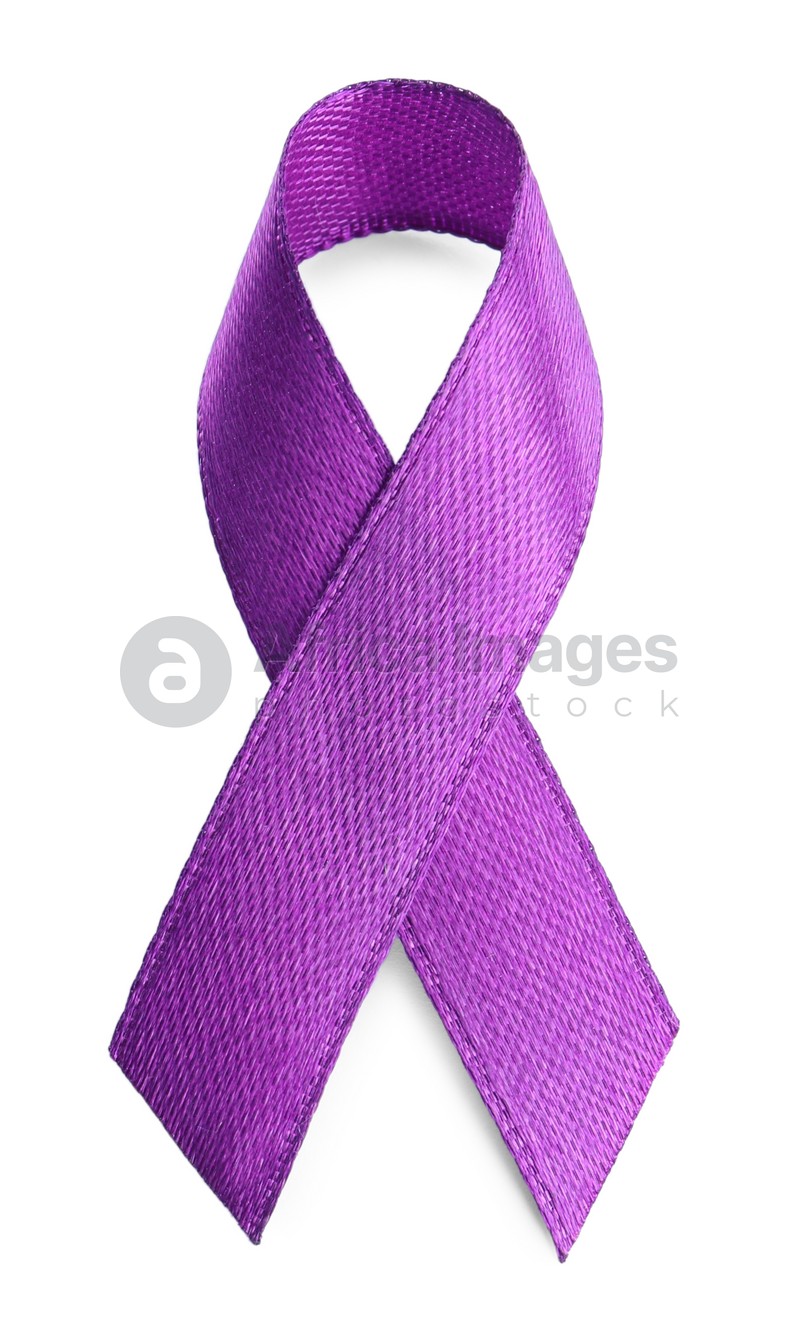 Photo of Purple ribbon isolated on white, top view. World Cancer Day