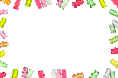 Image of Frame of tasty jelly candies on white background