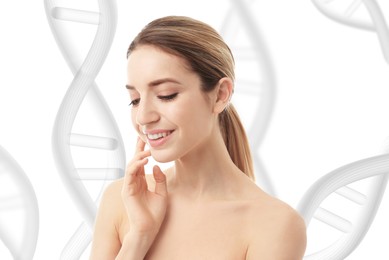Beautiful young woman against light background with illustration of DNA chains