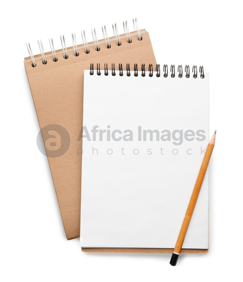 Stylish notebooks and pencil isolated on white, top view