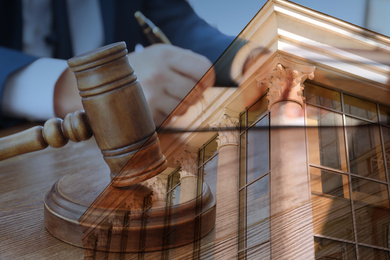 Law protection. Double exposure of gavel and court building