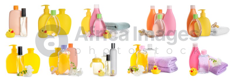 Set with baby oil, other cosmetic products and accessories on white background. Banner design