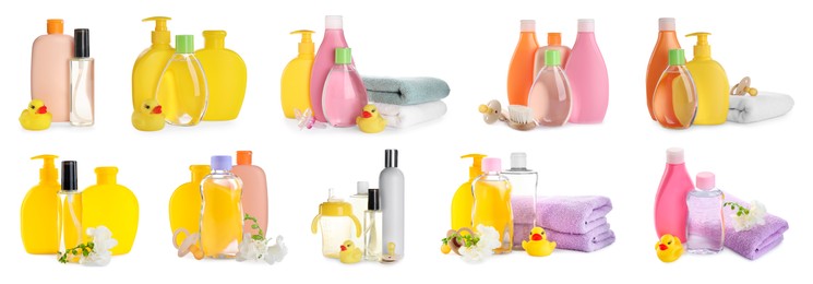Set with baby oil, other cosmetic products and accessories on white background. Banner design