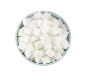 Bowl of sugar cubes isolated on white, top view