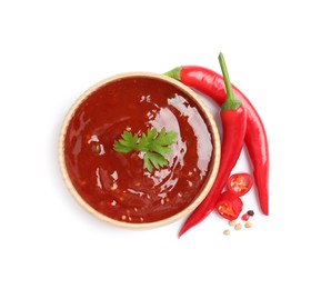 Spicy chili sauce on white background, top view