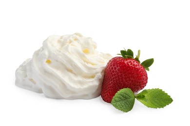 Delicious strawberry with whipped cream and mint on white background