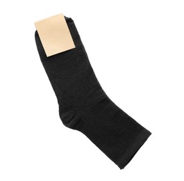 New pair of black cotton socks on white background, top view