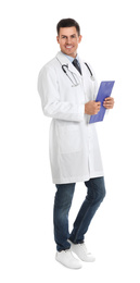 Photo of Portrait of doctor with clipboard and stethoscope on white background