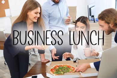 Office employees eating at workplace. Business lunch