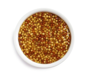 Delicious mustard beans in bowl on white background, top view. Spicy sauce