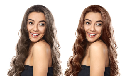 Beautiful woman before and after hair coloring on white background 