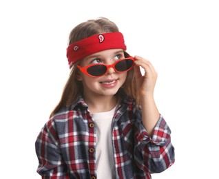 Cute little girl wearing stylish bandana and sunglasses on white background