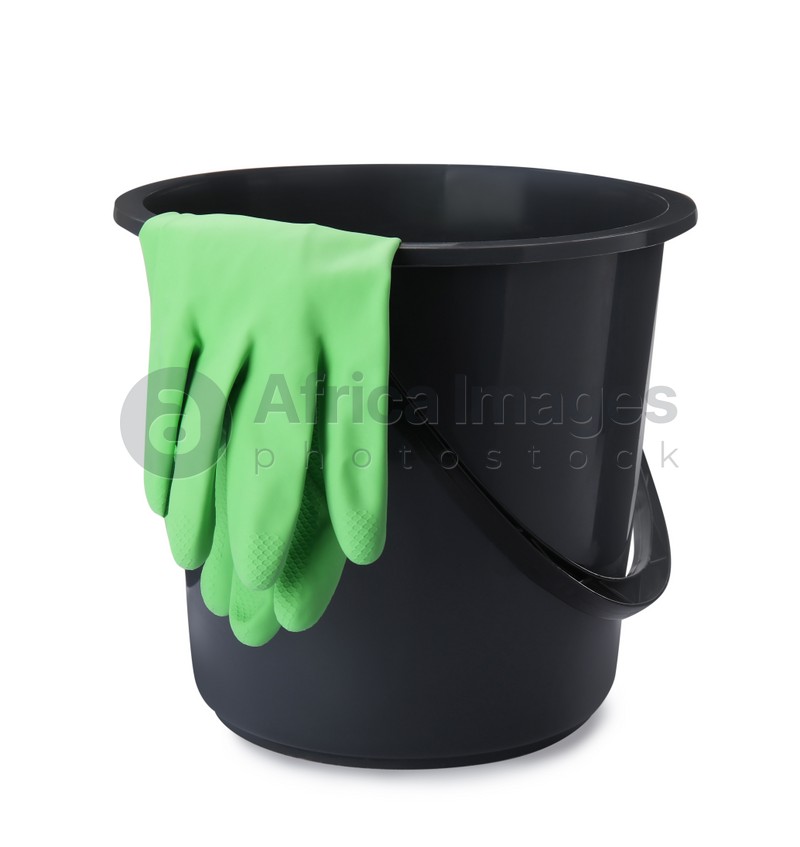 Black bucket with gloves isolated on white
