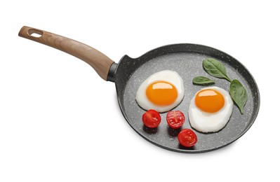 Photo of Tasty cooked chicken eggs with tomato in frying pan isolated on white
