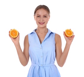 Slim woman with orange on white background. Healthy diet
