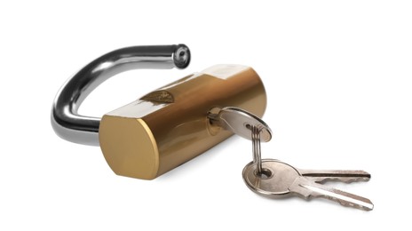 Modern padlock with keys isolated on white