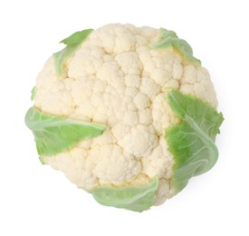 Photo of Whole fresh raw cauliflower isolated on white, top view