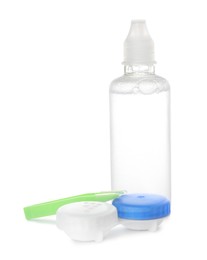 Photo of Case with contact lenses, tweezers and solution on white background