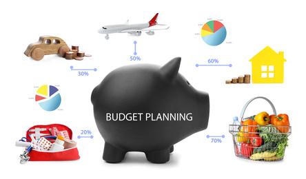 Budget planning. Piggy bank and different expenses