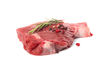 Fresh raw beef cut with rosemary and peppers mix isolated on white