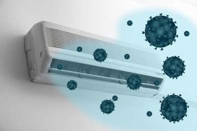 Spreading of viruses. Contaminated air conditioner on white wall indoors
