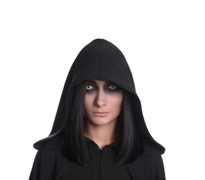 Mysterious witch with spooky eyes on white background