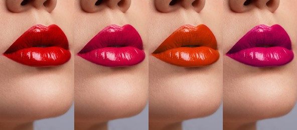 Collage with photos of young woman with different glossy lipsticks, closeup. Banner design