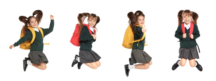 Image of Collage of jumping girls in school uniform on white background. Banner design