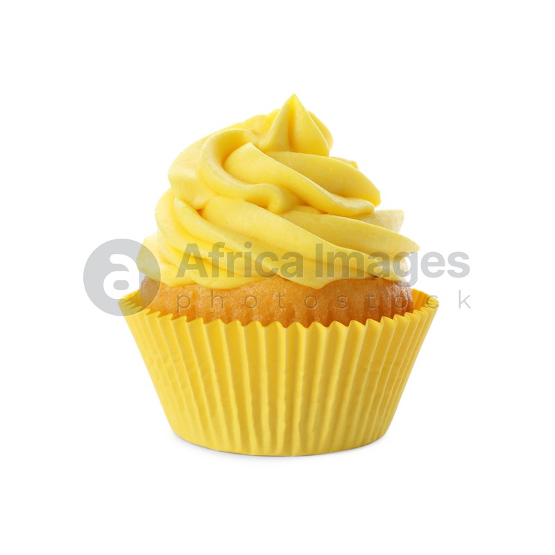 Photo of Delicious birthday cupcake decorated with yellow cream isolated on white