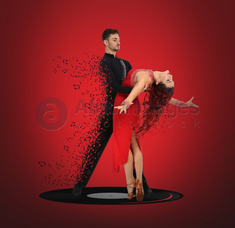 Passionate young couple dancing on red background. Bright creative design