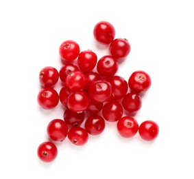 Pile of fresh cranberries on white background, top view