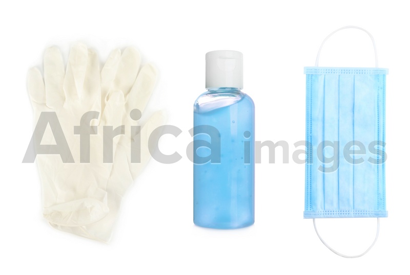 Medical gloves, antiseptic gel and protective mask on white background