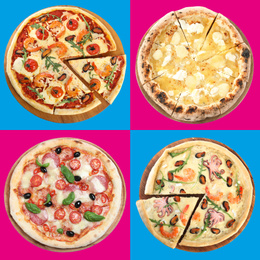 Image of Collage with different tasty pizzas on color backgrounds, top view