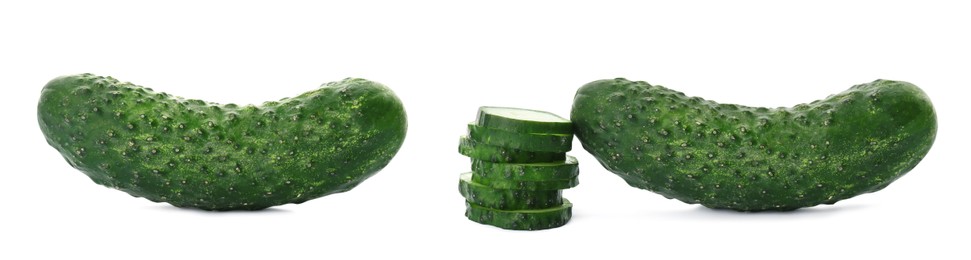 Set with whole and cut ripe cucumbers on white background. Banner design