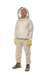 Beekeeper in full body uniform on white background