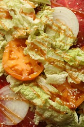 Photo of Delicious salad with Chinese cabbage, tomatoes and onion as background, closeup