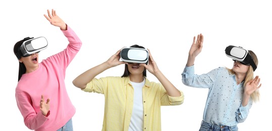 Image of Young women using virtual reality headset on white background, collage. Banner design