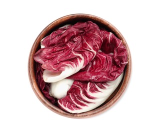 Leaves of ripe radicchio in bowl on white background, top view
