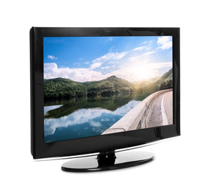 Image of Modern plasma TV with landscape on screen against white background