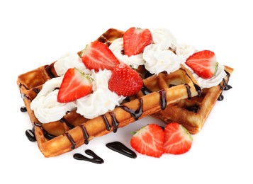 Photo of Delicious Belgian waffles with strawberry, whipped cream and chocolate sauce isolated on white