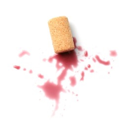 Bottle cork with wine stains isolated on white, top view