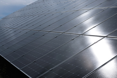 Solar panels installed outdoors, closeup. Alternative energy source