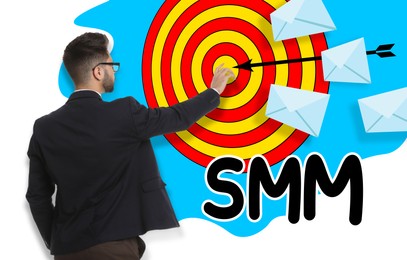 Social media marketing. Man in business attire, abbreviation SMM, dart board, arrow and letters illustrations on white background