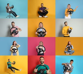 Emotional people with steering wheels on different color backgrounds, collage 