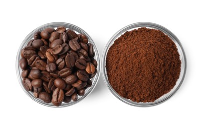 Photo of Bowls with ground coffee and roasted beans on white background, top view